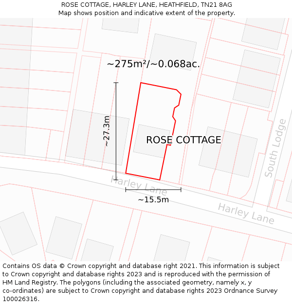 ROSE COTTAGE, HARLEY LANE, HEATHFIELD, TN21 8AG: Plot and title map