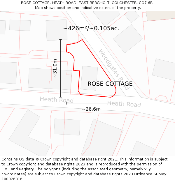 ROSE COTTAGE, HEATH ROAD, EAST BERGHOLT, COLCHESTER, CO7 6RL: Plot and title map