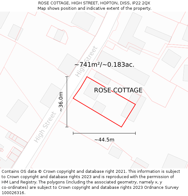 ROSE COTTAGE, HIGH STREET, HOPTON, DISS, IP22 2QX: Plot and title map