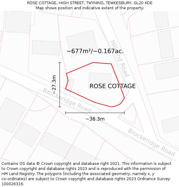 ROSE COTTAGE, HIGH STREET, TWYNING, TEWKESBURY, GL20 6DE: Plot and title map
