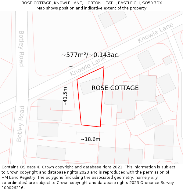 ROSE COTTAGE, KNOWLE LANE, HORTON HEATH, EASTLEIGH, SO50 7DX: Plot and title map