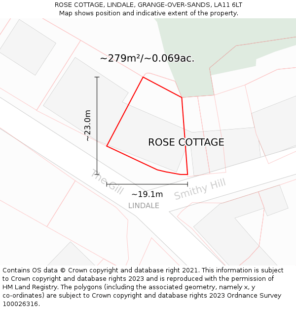 ROSE COTTAGE, LINDALE, GRANGE-OVER-SANDS, LA11 6LT: Plot and title map