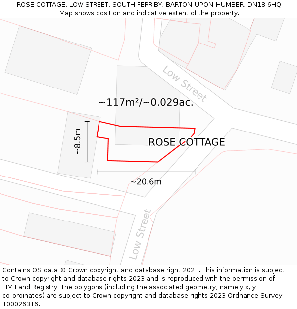 ROSE COTTAGE, LOW STREET, SOUTH FERRIBY, BARTON-UPON-HUMBER, DN18 6HQ: Plot and title map