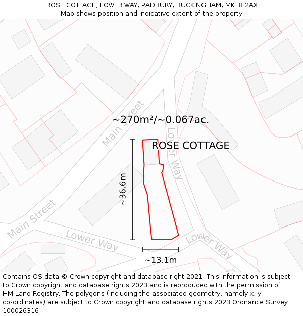 ROSE COTTAGE, LOWER WAY, PADBURY, BUCKINGHAM, MK18 2AX: Plot and title map