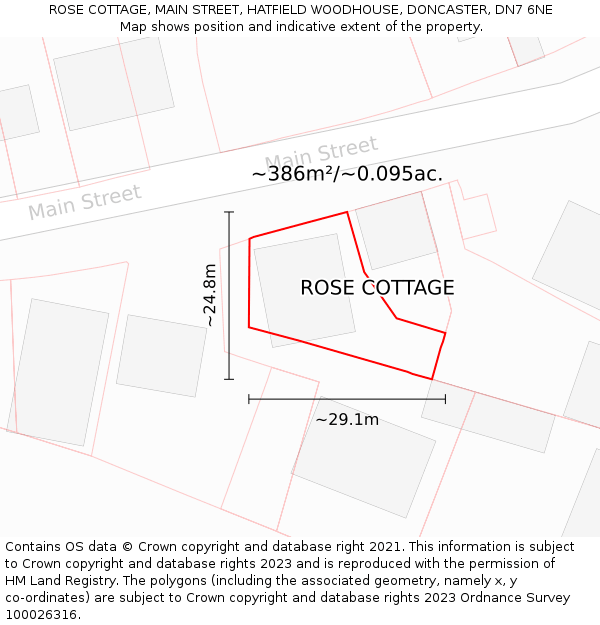 ROSE COTTAGE, MAIN STREET, HATFIELD WOODHOUSE, DONCASTER, DN7 6NE: Plot and title map