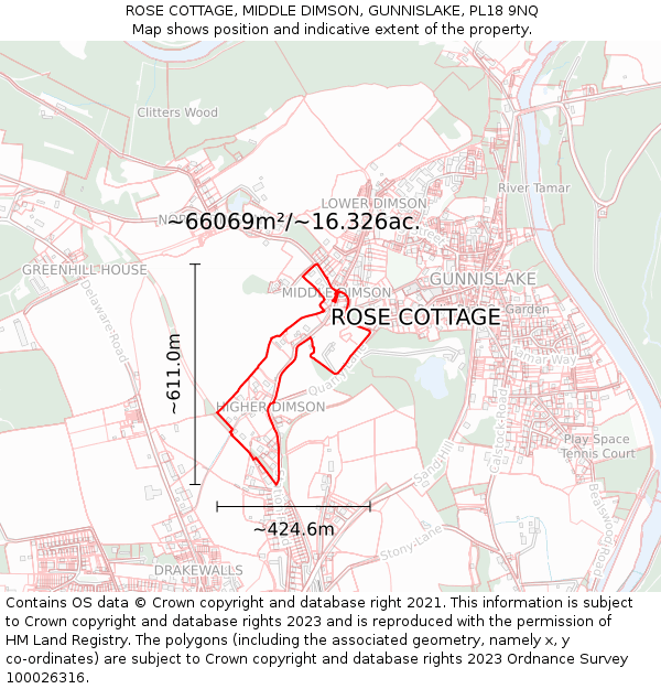 ROSE COTTAGE, MIDDLE DIMSON, GUNNISLAKE, PL18 9NQ: Plot and title map