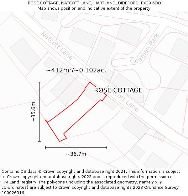 ROSE COTTAGE, NATCOTT LANE, HARTLAND, BIDEFORD, EX39 6DQ: Plot and title map