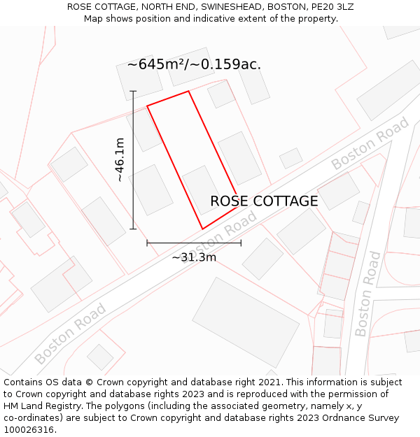 ROSE COTTAGE, NORTH END, SWINESHEAD, BOSTON, PE20 3LZ: Plot and title map