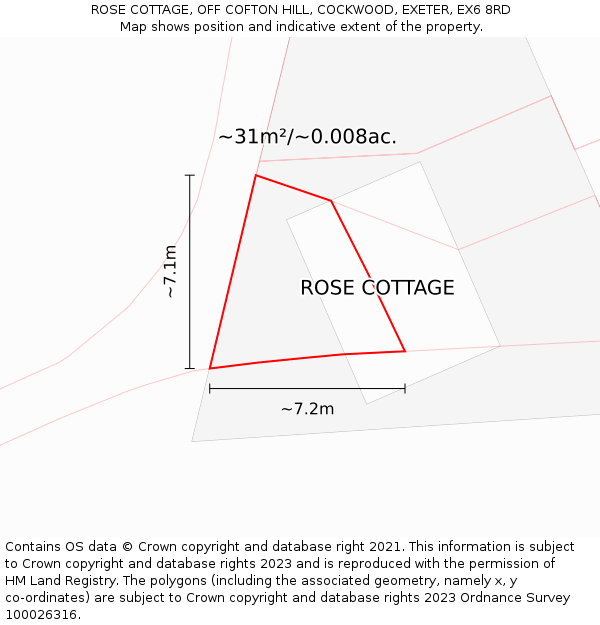 ROSE COTTAGE, OFF COFTON HILL, COCKWOOD, EXETER, EX6 8RD: Plot and title map