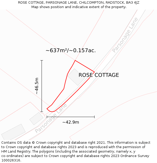 ROSE COTTAGE, PARSONAGE LANE, CHILCOMPTON, RADSTOCK, BA3 4JZ: Plot and title map
