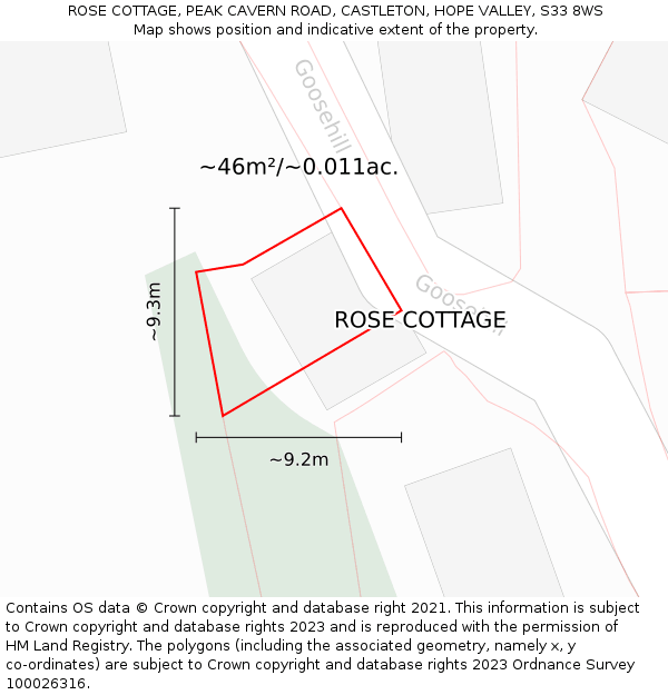 ROSE COTTAGE, PEAK CAVERN ROAD, CASTLETON, HOPE VALLEY, S33 8WS: Plot and title map