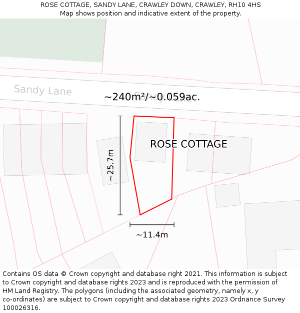ROSE COTTAGE, SANDY LANE, CRAWLEY DOWN, CRAWLEY, RH10 4HS: Plot and title map