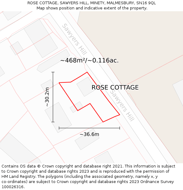 ROSE COTTAGE, SAWYERS HILL, MINETY, MALMESBURY, SN16 9QL: Plot and title map