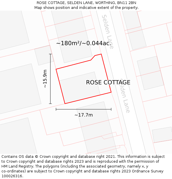 ROSE COTTAGE, SELDEN LANE, WORTHING, BN11 2BN: Plot and title map