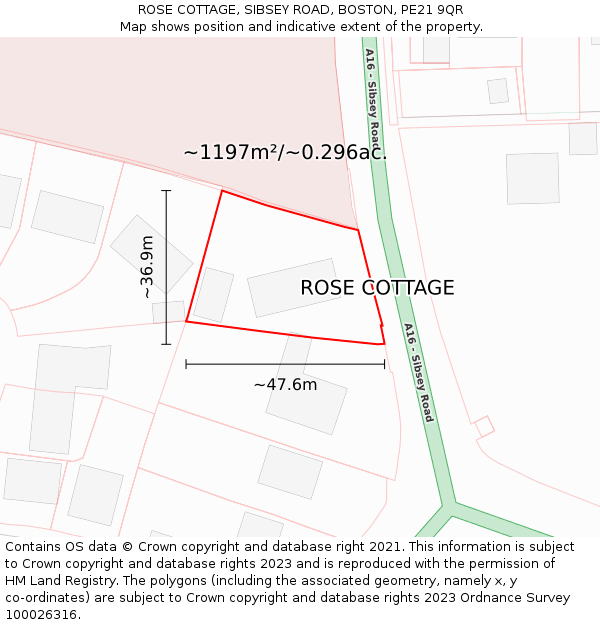 ROSE COTTAGE, SIBSEY ROAD, BOSTON, PE21 9QR: Plot and title map