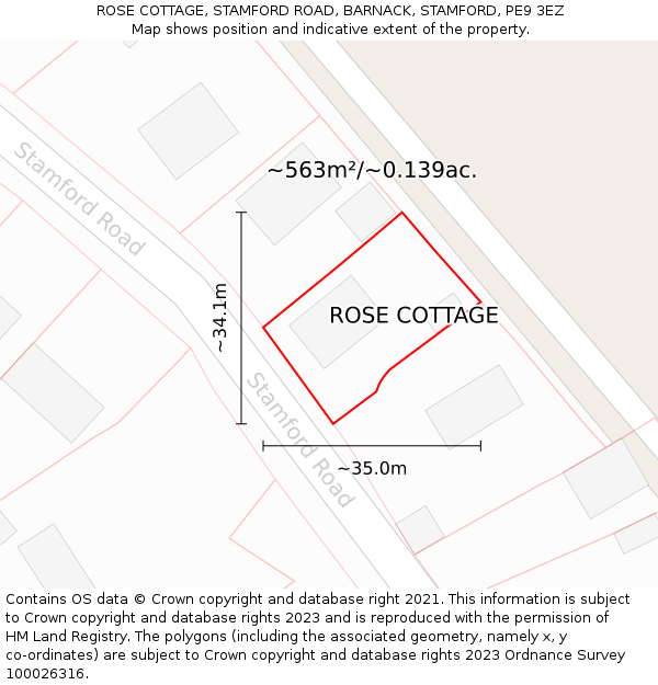 ROSE COTTAGE, STAMFORD ROAD, BARNACK, STAMFORD, PE9 3EZ: Plot and title map