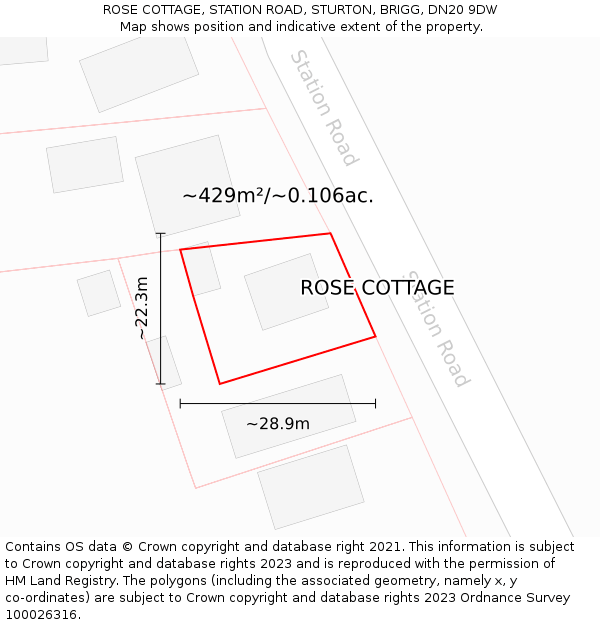 ROSE COTTAGE, STATION ROAD, STURTON, BRIGG, DN20 9DW: Plot and title map