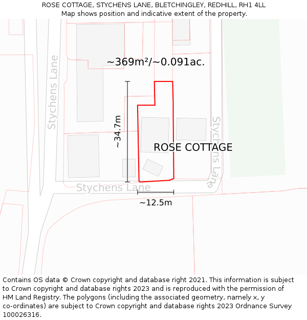 ROSE COTTAGE, STYCHENS LANE, BLETCHINGLEY, REDHILL, RH1 4LL: Plot and title map