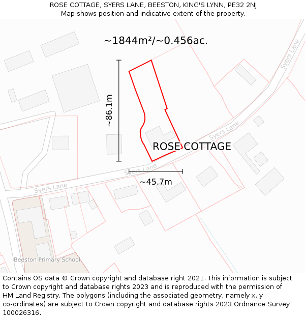 ROSE COTTAGE, SYERS LANE, BEESTON, KING'S LYNN, PE32 2NJ: Plot and title map