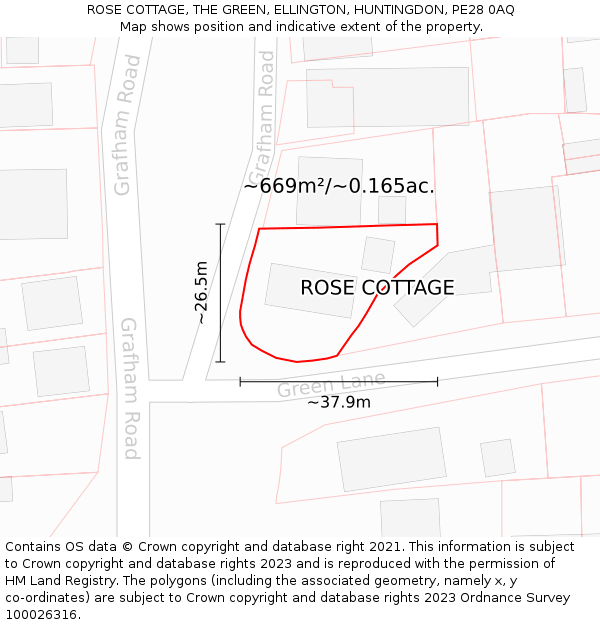 ROSE COTTAGE, THE GREEN, ELLINGTON, HUNTINGDON, PE28 0AQ: Plot and title map