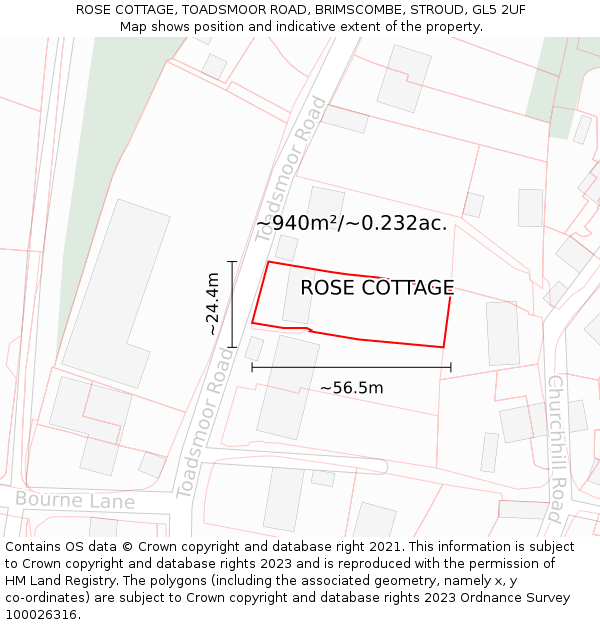ROSE COTTAGE, TOADSMOOR ROAD, BRIMSCOMBE, STROUD, GL5 2UF: Plot and title map