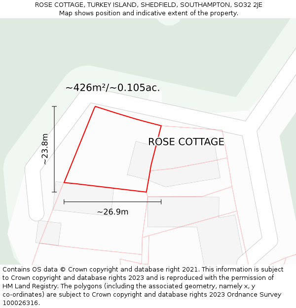 ROSE COTTAGE, TURKEY ISLAND, SHEDFIELD, SOUTHAMPTON, SO32 2JE: Plot and title map