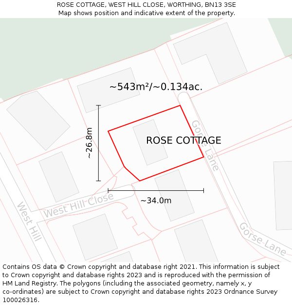 ROSE COTTAGE, WEST HILL CLOSE, WORTHING, BN13 3SE: Plot and title map