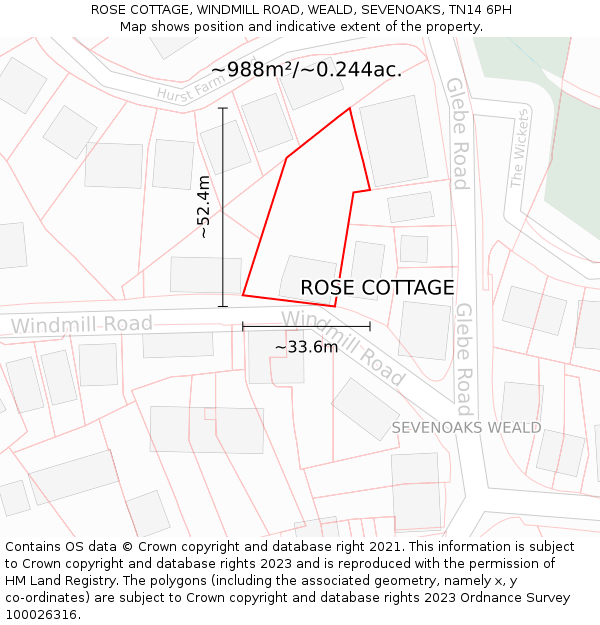 ROSE COTTAGE, WINDMILL ROAD, WEALD, SEVENOAKS, TN14 6PH: Plot and title map