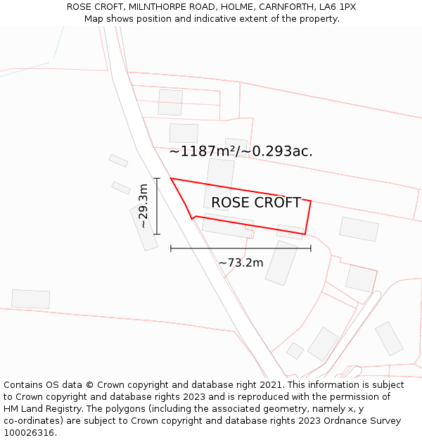 ROSE CROFT, MILNTHORPE ROAD, HOLME, CARNFORTH, LA6 1PX: Plot and title map