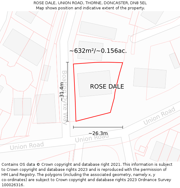 ROSE DALE, UNION ROAD, THORNE, DONCASTER, DN8 5EL: Plot and title map