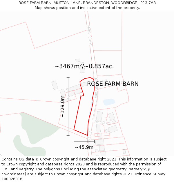 ROSE FARM BARN, MUTTON LANE, BRANDESTON, WOODBRIDGE, IP13 7AR: Plot and title map