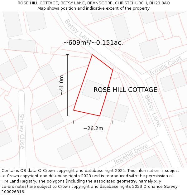 ROSE HILL COTTAGE, BETSY LANE, BRANSGORE, CHRISTCHURCH, BH23 8AQ: Plot and title map
