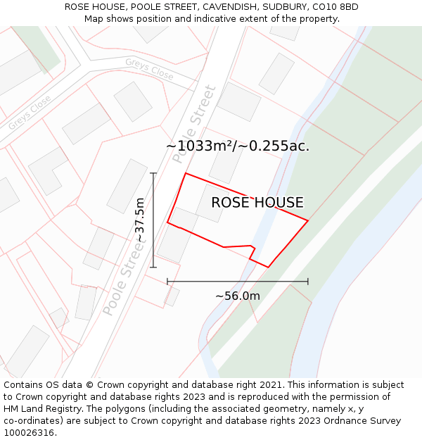 ROSE HOUSE, POOLE STREET, CAVENDISH, SUDBURY, CO10 8BD: Plot and title map