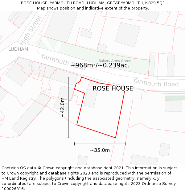 ROSE HOUSE, YARMOUTH ROAD, LUDHAM, GREAT YARMOUTH, NR29 5QF: Plot and title map