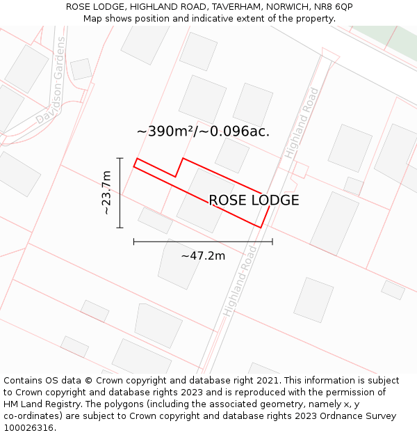 ROSE LODGE, HIGHLAND ROAD, TAVERHAM, NORWICH, NR8 6QP: Plot and title map