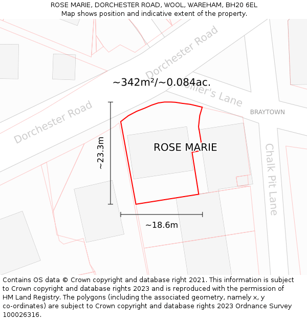 ROSE MARIE, DORCHESTER ROAD, WOOL, WAREHAM, BH20 6EL: Plot and title map