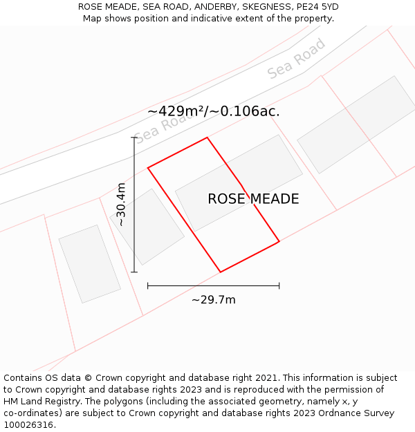 ROSE MEADE, SEA ROAD, ANDERBY, SKEGNESS, PE24 5YD: Plot and title map