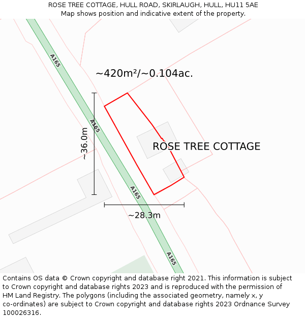 ROSE TREE COTTAGE, HULL ROAD, SKIRLAUGH, HULL, HU11 5AE: Plot and title map