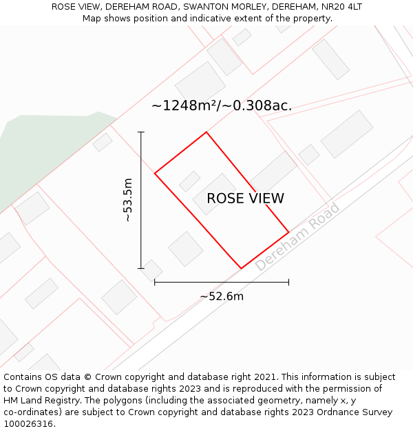 ROSE VIEW, DEREHAM ROAD, SWANTON MORLEY, DEREHAM, NR20 4LT: Plot and title map