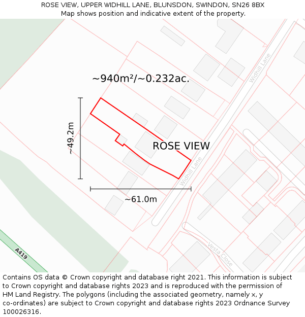 ROSE VIEW, UPPER WIDHILL LANE, BLUNSDON, SWINDON, SN26 8BX: Plot and title map