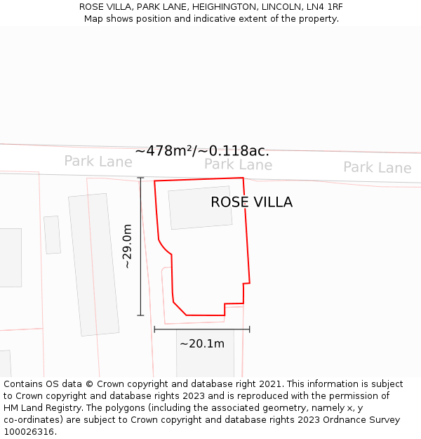 ROSE VILLA, PARK LANE, HEIGHINGTON, LINCOLN, LN4 1RF: Plot and title map