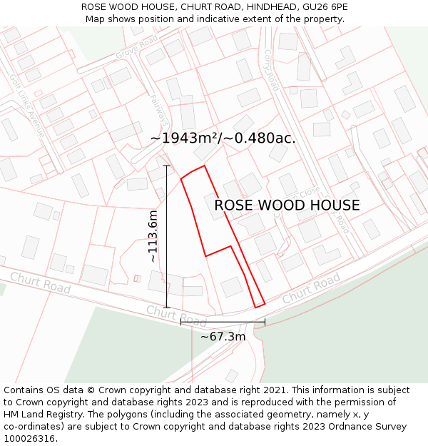 ROSE WOOD HOUSE, CHURT ROAD, HINDHEAD, GU26 6PE: Plot and title map