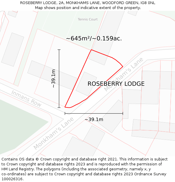 ROSEBERRY LODGE, 2A, MONKHAMS LANE, WOODFORD GREEN, IG8 0NL: Plot and title map