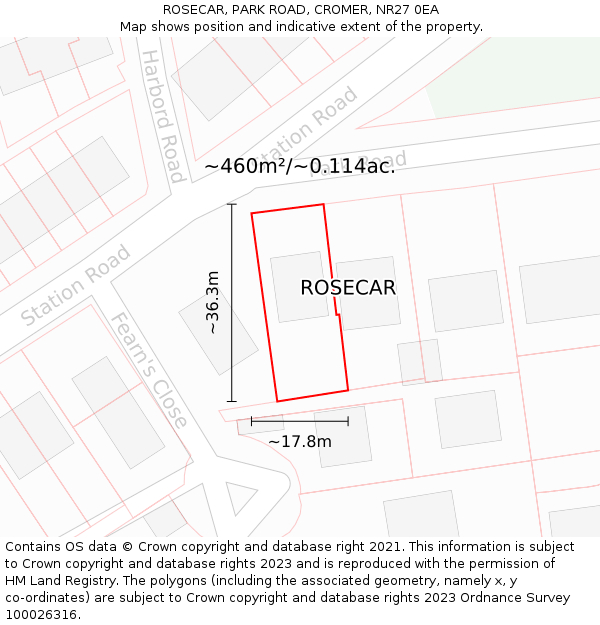 ROSECAR, PARK ROAD, CROMER, NR27 0EA: Plot and title map