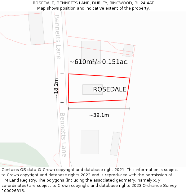 ROSEDALE, BENNETTS LANE, BURLEY, RINGWOOD, BH24 4AT: Plot and title map