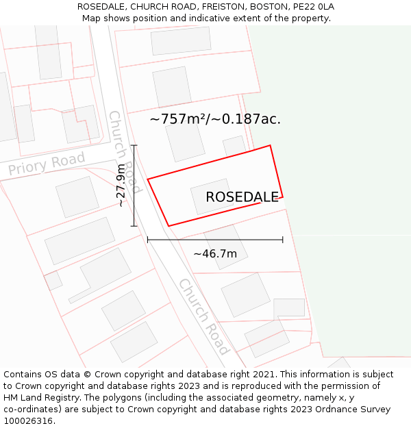ROSEDALE, CHURCH ROAD, FREISTON, BOSTON, PE22 0LA: Plot and title map