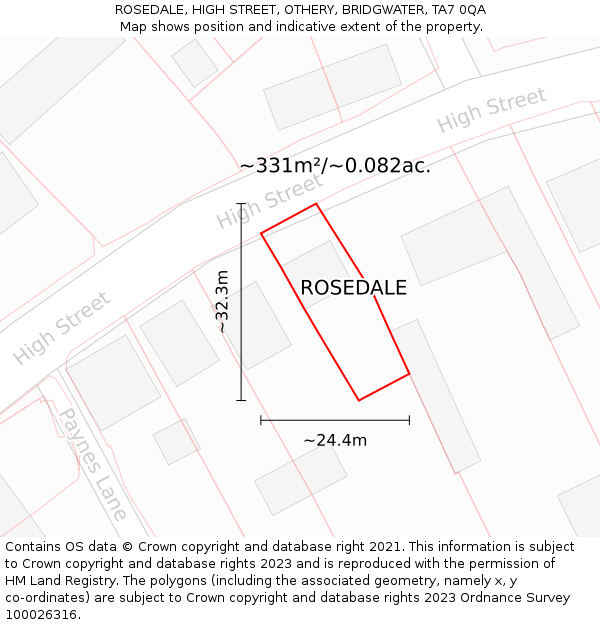 ROSEDALE, HIGH STREET, OTHERY, BRIDGWATER, TA7 0QA: Plot and title map