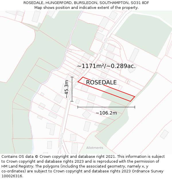 ROSEDALE, HUNGERFORD, BURSLEDON, SOUTHAMPTON, SO31 8DF: Plot and title map