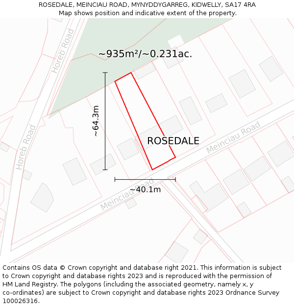 ROSEDALE, MEINCIAU ROAD, MYNYDDYGARREG, KIDWELLY, SA17 4RA: Plot and title map