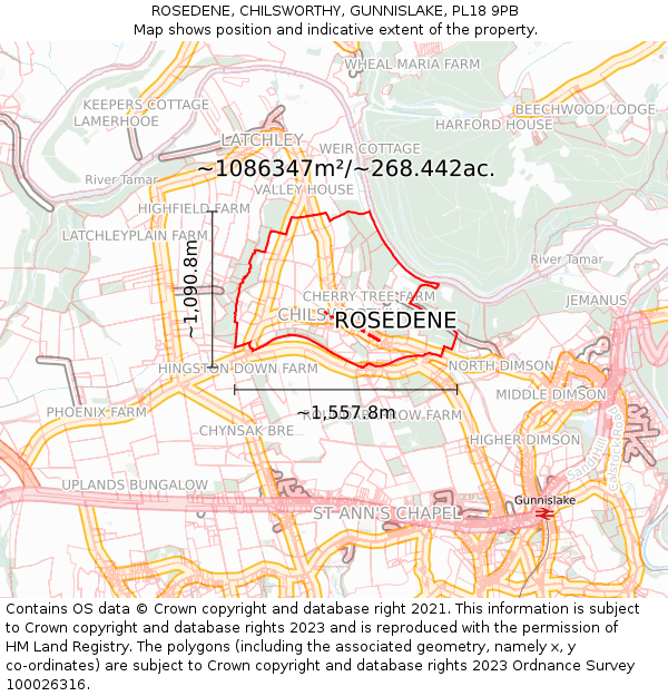 ROSEDENE, CHILSWORTHY, GUNNISLAKE, PL18 9PB: Plot and title map